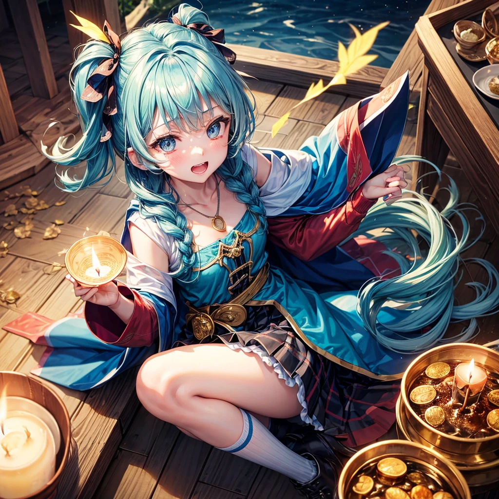 Aqua blue hair、Golden Eyes、Braid、One good looking girl、solo、anime、Checkered mini skirt、Ruffles on the skirt、Red T-shirt、Cape、Gothic、Black knee-high socks、bandana、Wearing a ribbon、Ribbon on waist、Tilting face、Teeth are visible、Sunset sky、Piercing the clouds、Contrail、lotus leaves、Cumulonimbus、Pillar of Light、Sitting on a golden treasure chest、candle fire、Silver coin necklace、From above