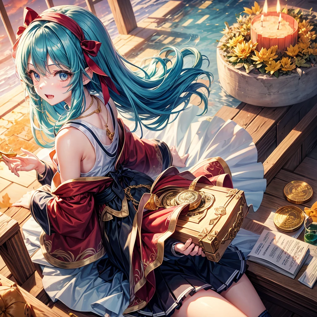 Aqua blue hair、Golden Eyes、Braid、One good looking girl、solo、anime、Checkered mini skirt、Ruffles on the skirt、Red T-shirt、Cape、Gothic、Black knee-high socks、bandana、Wearing a ribbon、Ribbon on waist、Tilting face、Teeth are visible、Sunset sky、Piercing the clouds、Contrail、lotus leaves、Cumulonimbus、Pillar of Light、Sitting on a golden treasure chest、candle fire、Silver coin necklace、From above