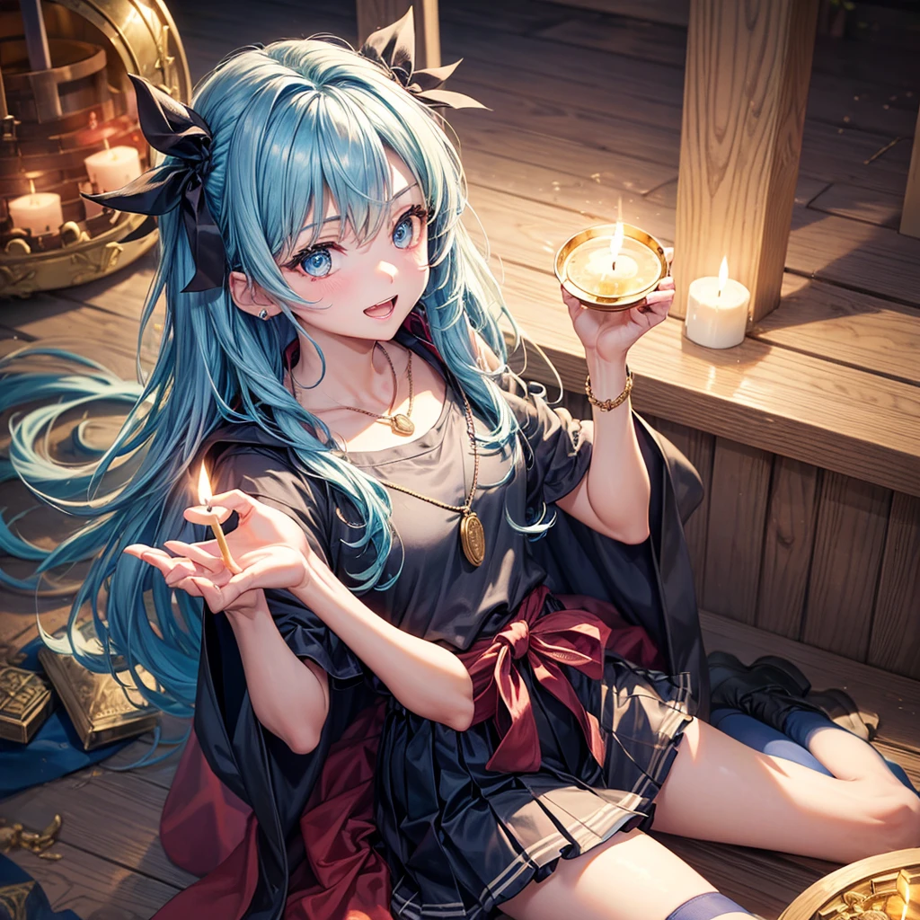 Aqua blue hair、Golden Eyes、Braid、One good looking girl、solo、anime、Checkered mini skirt、Ruffles on the skirt、Red T-shirt、Cape、Gothic、Black knee-high socks、bandana、Wearing a ribbon、Ribbon on waist、Tilting face、Teeth are visible、Sunset sky、Piercing the clouds、Contrail、lotus leaves、Cumulonimbus、Pillar of Light、Sitting on a golden treasure chest、candle fire、Silver coin necklace、From above