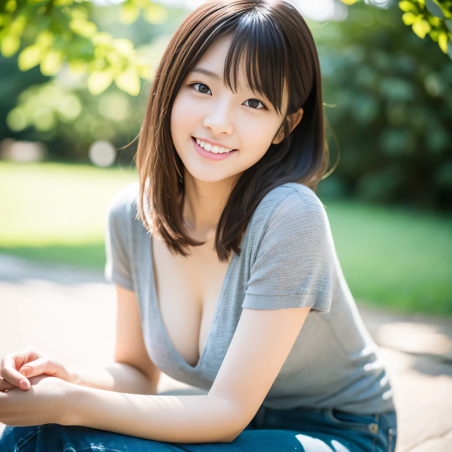 Innocent Japanese girl, trendy loose casual fashion, natural hair styles, impressive big brown eyes, pure smile, refreshing in early summer sunlight, feeling soft breeze in hair, sitting, relaxed pose, professional portrait photography, sunlight, film photography, 35mm negative film, 85mm lens, very shallow depth of field, bokeh, 