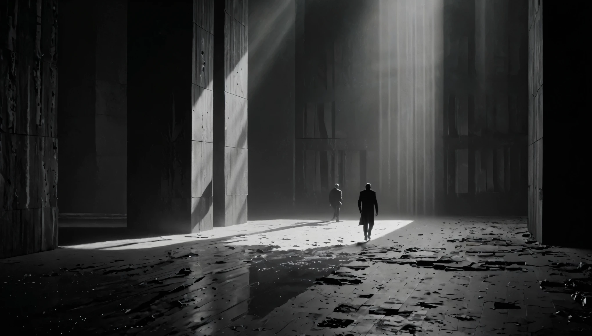 dark monoliths in building, black and white, man walking in eerie building
reflections, realistic lighting, light rays, beams of light, realistic, high quality photo, 4k, 7-dune,Black and white silhouette