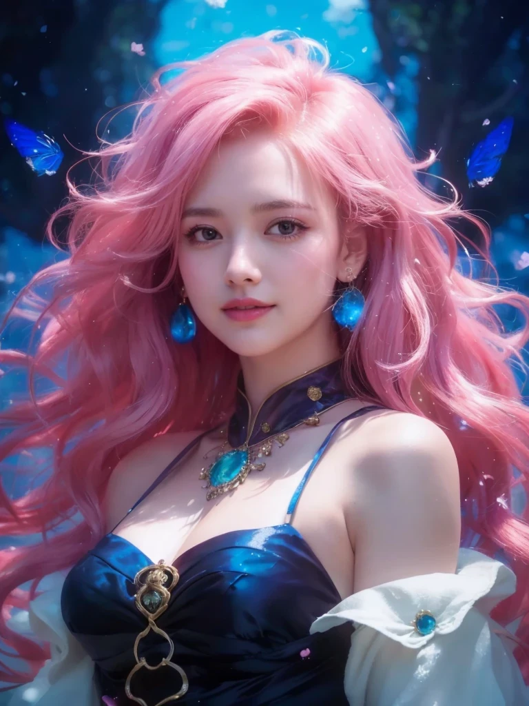 (best quality,4k,8k,highres,masterpiece:1.2),ultra-detailed,(realistic,photorealistic,photo-realistic:1.37),vivid colors,captivating,digital painting,portrait,(long,flowing) pink hair,(beautiful,detailed) half-body portrait,female portrait,captivating blue dress,long hair flowing in the wind,sparkling blue eyes,a gentle smile,romantic atmosphere,pink flowers surrounding the girl,sunlight filtering through the trees,soft and dreamy lighting.