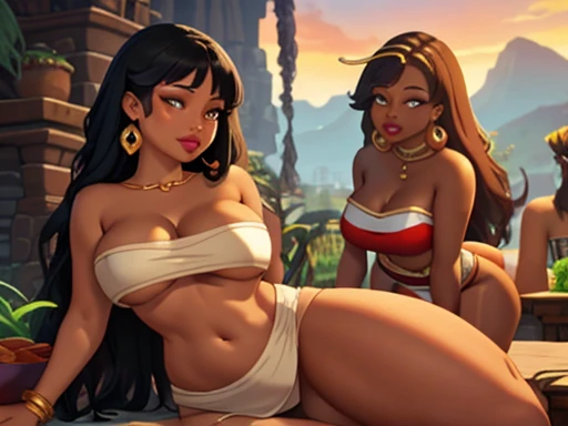 (Masterpiece), (best quality), (detailed), Curvy chel from el dorado talking to chief priest, (scene), (chel behind), zoomed out picture of chel talking to the chief priest, 2 different girls