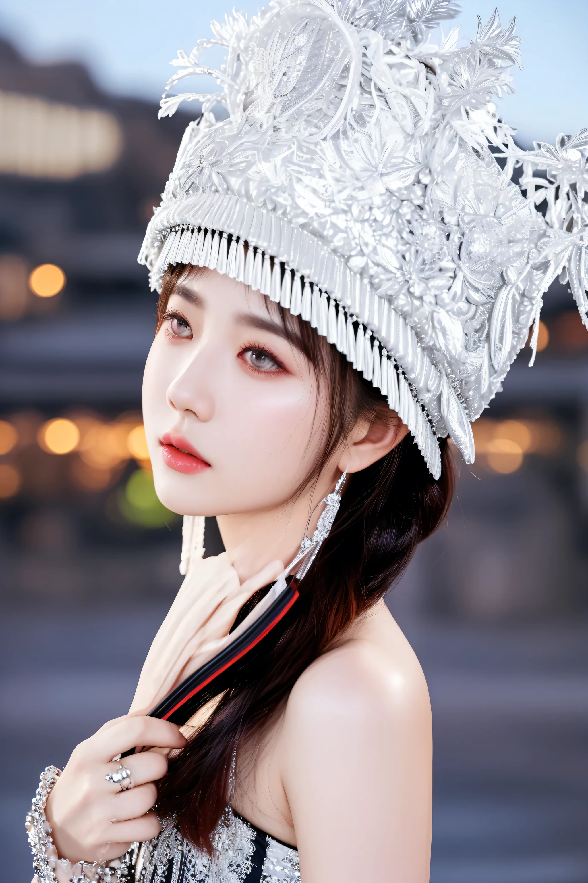 there is a woman wearing a silver hat with a feather on it, sun yunjoo, inspired by Jin Nong, dilraba dilmurat, portrait of female korean idol, captured on canon eos r 6, shot on nikon z9, photo taken with nikon d750, photo taken with nikon d 7 5 0, chinese girl