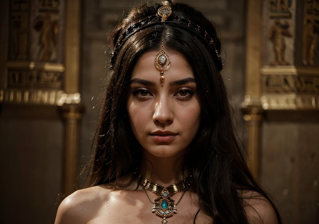 a beautiful, regal woman with long dark hair and piercing eyes, wearing an ornate headdress and elaborate jewelry, surrounded by worshippers in ancient Egyptian attire, dramatic lighting, intricate details, cinematic, dramatic, fantasy, epic, 8k, masterpiece, photorealistic