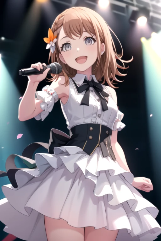 minori3rd, looking at viewer, smile, open mouth, skirt, shirt, hair ornament, bow, ribbon, holding, bare shoulders, jewelry, medium breasts, standing, white shirt, braid, hair bow, boots, frills, sleeveless, shiny, collared shirt, belt, armpits, vest, high heels, shiny hair, fingernails, dutch angle, black bow, neck ribbon, white footwear, standing on one leg, white skirt, frilled skirt, wing collar, outstretched arm, microphone, orange bow, dot nose, ankle boots, layered skirt, holding microphone, singing, idol, clover, waist bow, stage, stage lights, glowstick, clover hair ornament, idol clothes, single horizontal stripe, concert, audience