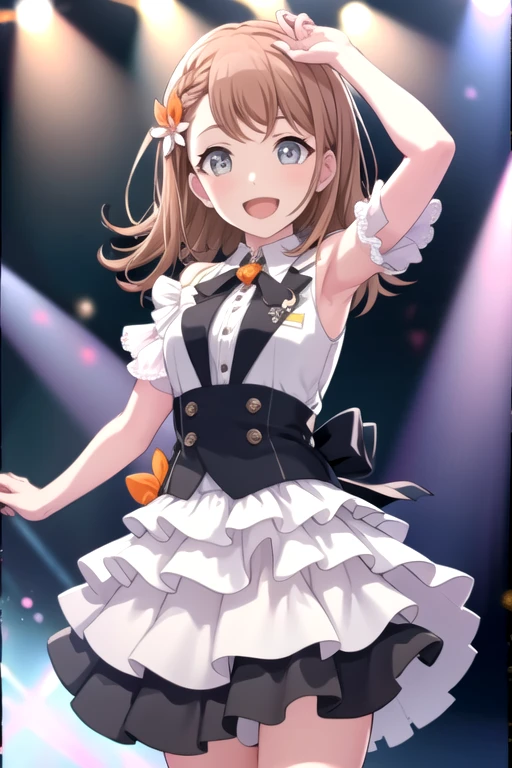 minori3rd, looking at viewer, smile, open mouth, skirt, shirt, hair ornament, bow, ribbon, holding, bare shoulders, jewelry, medium breasts, standing, white shirt, braid, hair bow, boots, frills, sleeveless, shiny, collared shirt, belt, armpits, vest, high heels, shiny hair, fingernails, dutch angle, black bow, neck ribbon, white footwear, standing on one leg, white skirt, frilled skirt, wing collar, outstretched arm, microphone, orange bow, dot nose, ankle boots, layered skirt, holding microphone, singing, idol, clover, waist bow, stage, stage lights, glowstick, clover hair ornament, idol clothes, single horizontal stripe, concert, audience