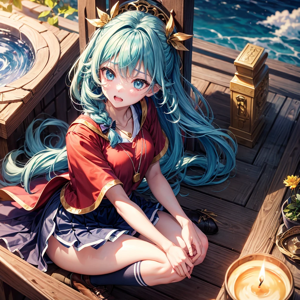Aqua blue hair、Golden Eyes、Braid、One good looking girl、solo、anime、Checkered mini skirt、Ruffles on the skirt、Red T-shirt、Cape、Gothic、Black knee-high socks、bandana、Wearing a ribbon、Ribbon on waist、Tilting face、Teeth are visible、Sunset sky、Piercing the clouds、Contrail、lotus leaves、Cumulonimbus、Pillar of Light、Sitting on a golden treasure chest、candle fire、Silver coin necklace、A world of light、From above