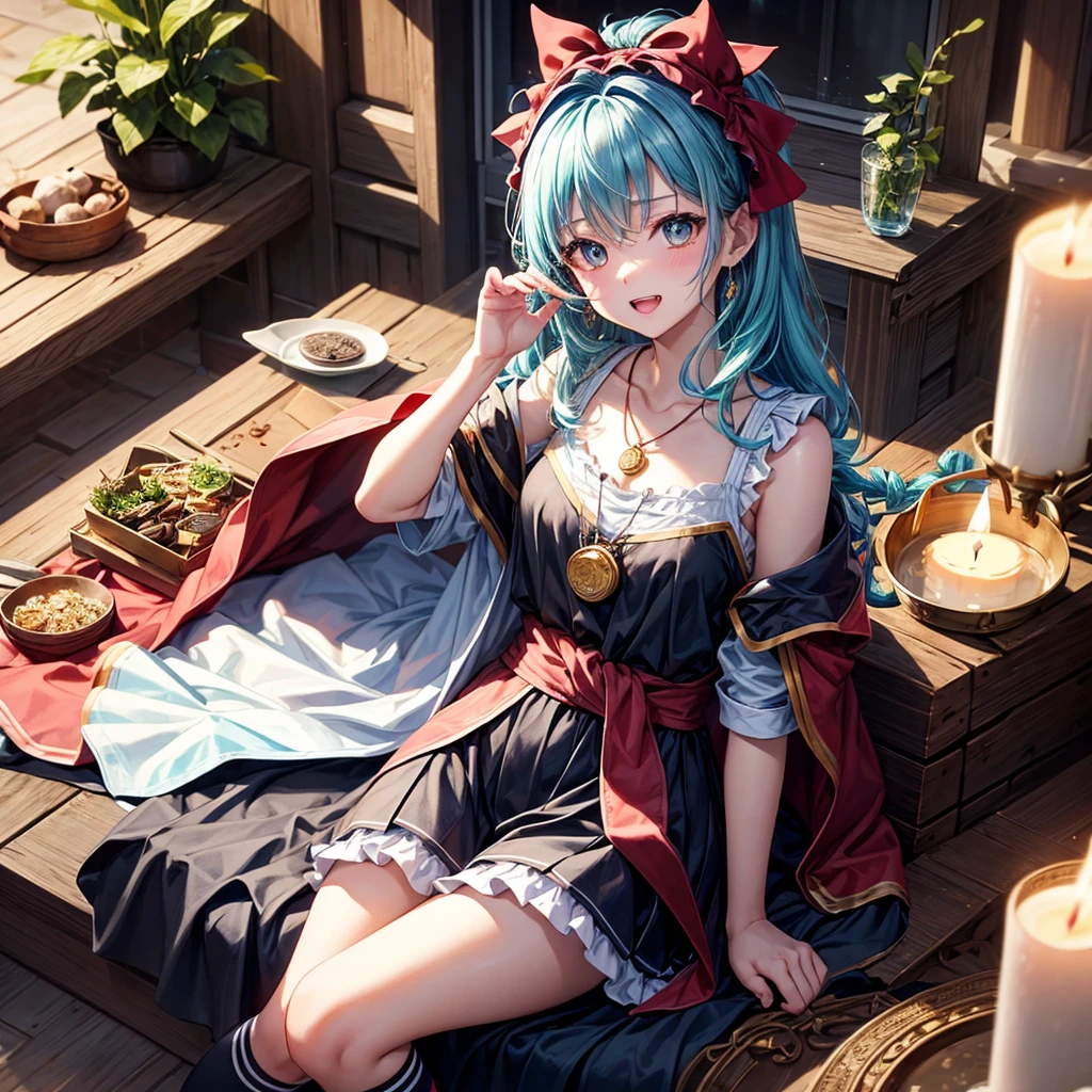 Aqua blue hair、Golden Eyes、Braid、One good looking girl、solo、anime、Checkered mini skirt、Ruffles on the skirt、Red T-shirt、Cape、Gothic、Black knee-high socks、bandana、Wearing a ribbon、Ribbon on waist、Tilting face、Teeth are visible、Sunset sky、Piercing the clouds、Contrail、lotus leaves、Cumulonimbus、Pillar of Light、Sitting on a golden treasure chest、candle fire、Silver coin necklace、A world of light、From above