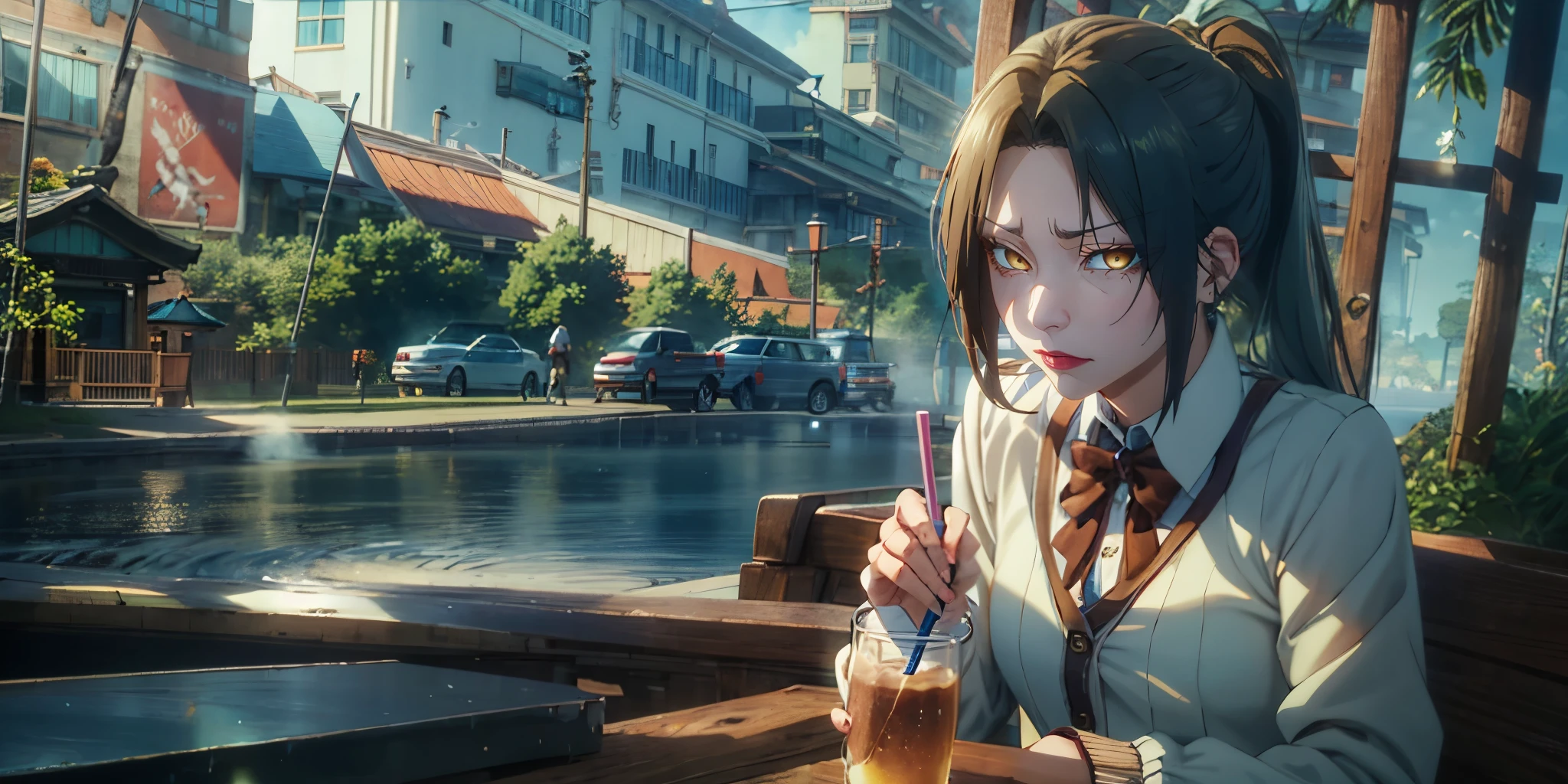 long hair, black hair, forehead, brown eyes, lipstick, 
BREAK. 1girl, solo, shirt, long sleeves, holding, sitting, closed mouth, white shirt, outdoors, collared shirt, sweater, cup, table, cardigan, drinking straw
BREAK. bokeh, best quality, highres, 
BREAK. (shaded face:1.2), hollow eyes, golden eyes, looking at viewer, (heavy breathing:1.2), expressionless, glaring eyes,
