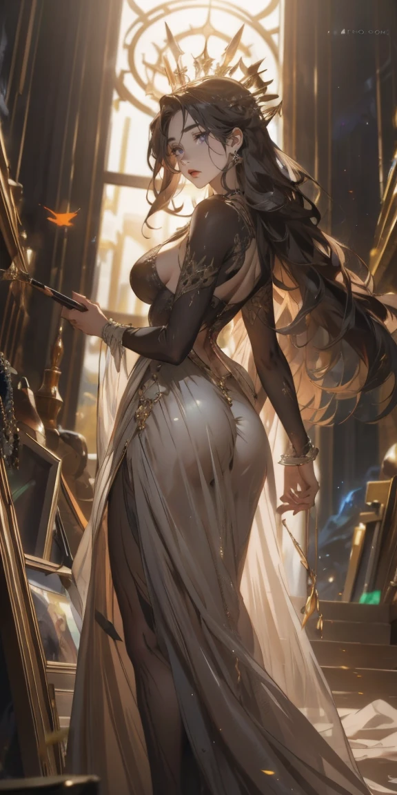 Yes, I can create a detailed description for Evelyn inspired by a character like her from "Baldur's Gate 3." Here is a comprehensive description to help you generate an image:
---
**Evelyn: The Enchanting Sorceress**
Evelyn stands as a vision of beauty and power, her presence commanding attention and admiration. As a formidable sorceress, she combines grace with an underlying strength, making her an unforgettable figure.
**Physical Appearance**:
- **Height and Build**: Evelyn is of medium height, standing around 5'7", with a sculpted, athletic build that showcases her agility and strength. Her figure is curvaceous, with an hourglass shape that highlights her full bust and hips, yet maintains a slender waist, emphasizing her femininity and grace.
- **Face**: Evelyn's face is a blend of sharp intelligence and captivating allure. She has high cheekbones that add a regal aspect to her appearance, and a well-defined jawline that exudes confidence. Her full lips are often painted a deep crimson, contrasting beautifully with her fair, porcelain skin.
- **Eyes**: Her eyes are a striking shade of emerald green, framed by long, thick lashes. They seem to shimmer with an inner light, hinting at the arcane power she wields. Her gaze is both piercing and inviting, capable of mesmerizing anyone who meets her eyes.
- **Hair**: Evelyn's hair is a cascade of silky, raven-black locks that fall in loose waves down to the middle of her back. It frames her face perfectly, often catching the light to reveal subtle hints of deep blue and purple hues, adding to her otherworldly appearance.
**Clothing and Accessories**:
- **Outfit**: Evelyn wears a form-fitting, dark violet gown that accentuates her curves. The gown is made from a luxurious, shimmering fabric that moves like liquid silk with her every step. It features a plunging neckline that showcases her ample cleavage, balanced with elegant, long sleeves that end in delicate lace cuffs.
- **Corset**: Over her gown, she wears