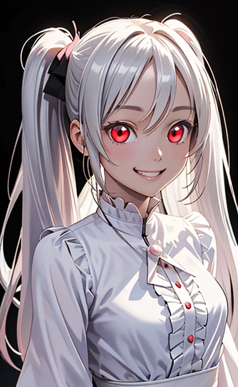 (Photorealistic:1.4)、asuna,(masterpiece、lens flare:1.5、spot light:1.2、Exquisite beautiful eyeonochrome:1.5,portlate、)(looking up at viewer),()
、Cute Face、 3D Face、(pearl white hair:1.5、Straight Hair)、(twintails),(1 Girl)、(Red eyes:1.2)、(cowboy shot)、(crazy smile:1.6),()、 (Cute face:1.2),(small breasts),(),kind face,(white　lace frilled shirt),(black background:1.5)、(glowing eyes:1.3)、()、 Neat and clean、Adorable、Slim Body(Tareme:1.5),Shiny Hair、(Glowing pink Skin)、Nijisketch,Manga,zydG