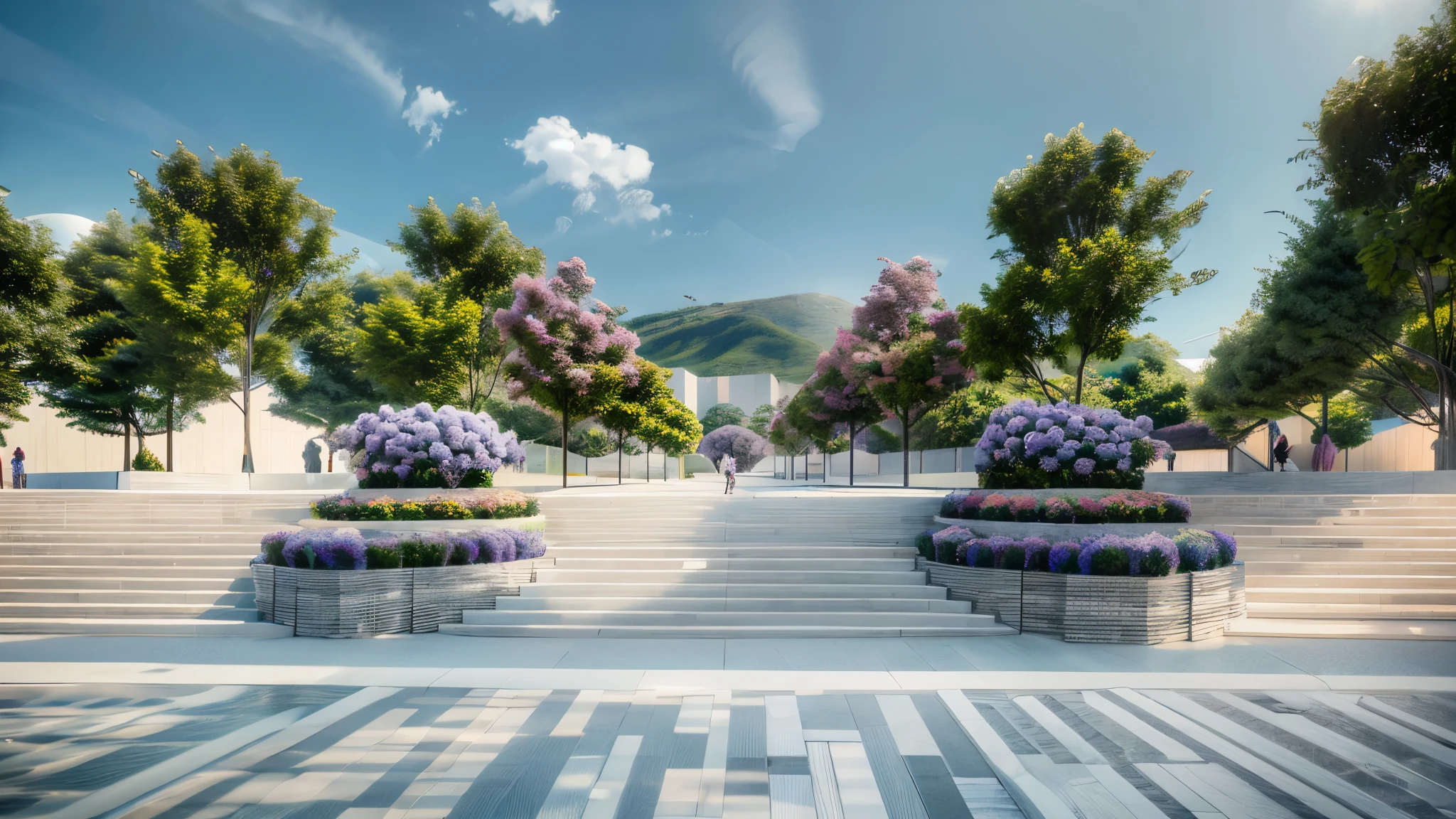 Generate architectural rendering of central square, J, landscape, trees and flowers, people, grey steps. background, green roof, sky, concrete stairs, sculpture, purple hydrangea, surrealism, masterpiece, best quality, super detail, high quality, high resolution, 8k