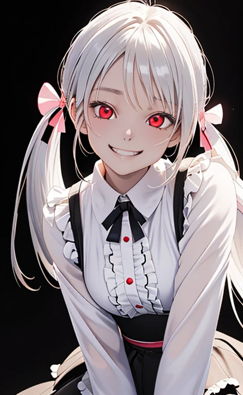 (Photorealistic:1.4)、asuna,(masterpiece、lens flare:1.5、spot light:1.2、Exquisite beautiful eyeonochrome:1.5,portlate、)(looking up at viewer),()
、Cute Face、 3D Face、(pearl white hair:1.5、Straight Hair)、(twintails),(1 Girl)、(Red eyes:1.2)、(cowboy shot)、(crazy smile:1.6),()、 (Cute face:1.2),(small breasts),(),kind face,(white　lace frilled shirt),(black background:1.5)、(glowing eyes:1.3)、()、 Neat and clean、Adorable、Slim Body(Tareme:1.5),Shiny Hair、(Glowing pink Skin)、Nijisketch,Manga,zydG