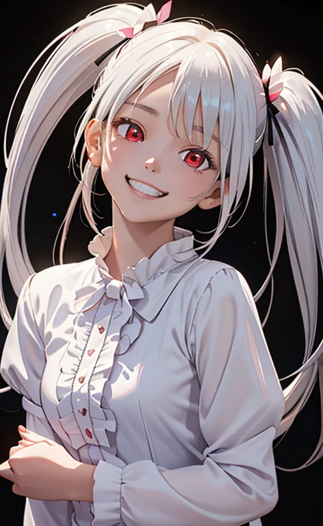 (Photorealistic:1.4)、asuna,(masterpiece、lens flare:1.5、spot light:1.2、Exquisite beautiful eyeonochrome:1.5,portlate、)(looking up at viewer),()
、Cute Face、 3D Face、(pearl white hair:1.5、Straight Hair)、(twintails),(1 Girl)、(Red eyes:1.2)、(cowboy shot)、(crazy smile:1.6),()、 (Cute face:1.2),(small breasts),(),kind face,(white lace frilled shirt),(black background:1.5)、(glowing eyes:1.3)、()、 Neat and clean、Adorable、Slim Body(Tareme:1.5),Shiny Hair、(Glowing pink Skin)、Nijisketch,Manga,zydG