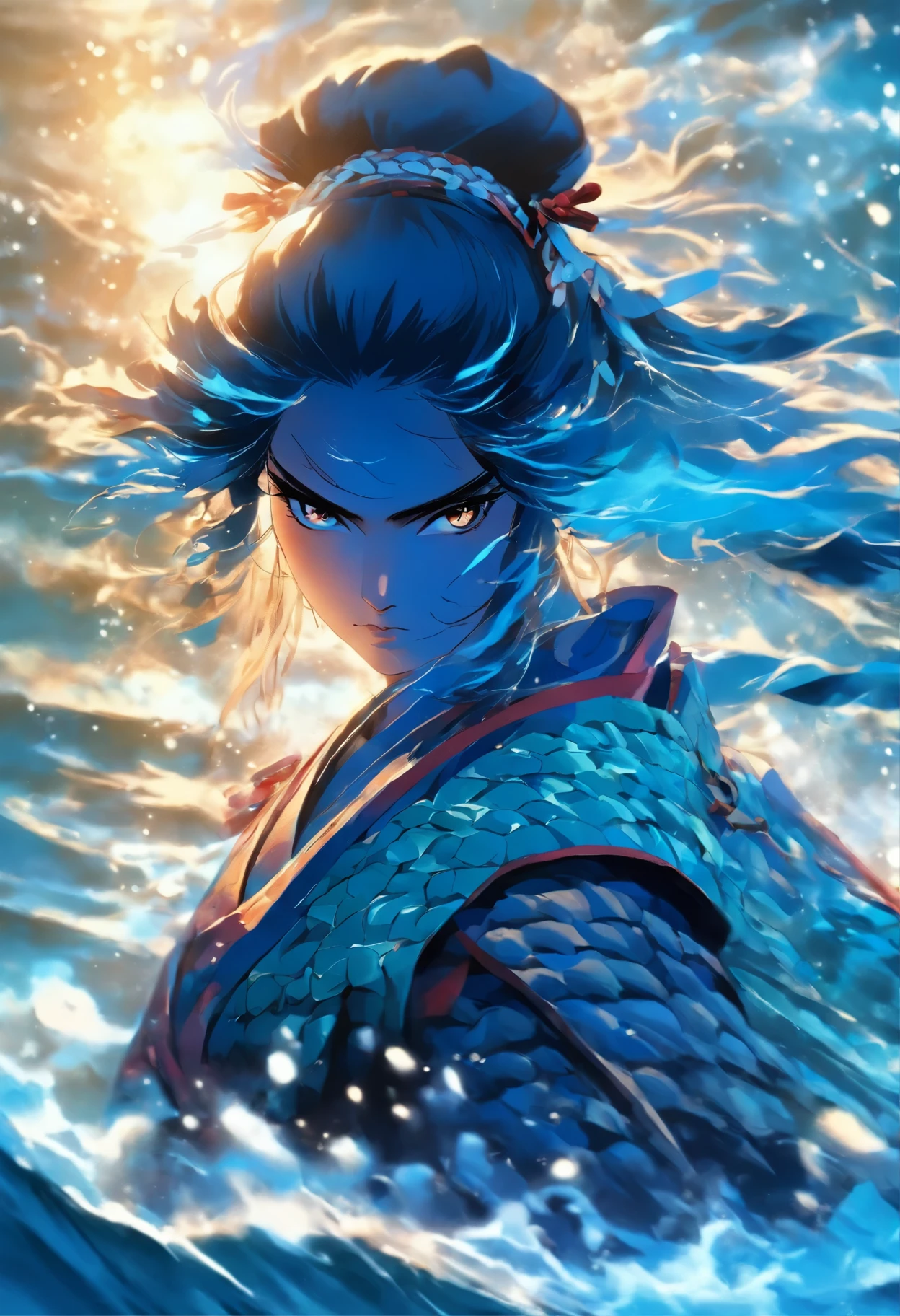 In the realm of a mystical and ancient land, where the waters hold secrets untold, envision a fierce female samurai adorned in gleaming armor and a helmet inspired by the depths of the ocean. Her armor radiates a mesmerizing shade of cobalt blue, mimicking the shimmering waves that dance in the moonlight. Every detail of her attire is an ode to the water, encapsulating its fluidity and power. As you gaze into her penetrating gaze, you notice her eyes, a striking shade of cerulean, glowing with an otherworldly luminescence. They seem to hold the essence of the vast ocean depths, both calm and tempestuous. Her presence exudes a sense of tranquility, yet within her lies a torrential force ready to unleash upon her adversaries. In this captivating image, the grace of a samurai warrior merges harmoniously with the enigmatic forces of water, depicting a formidable and alluring amalgamation.