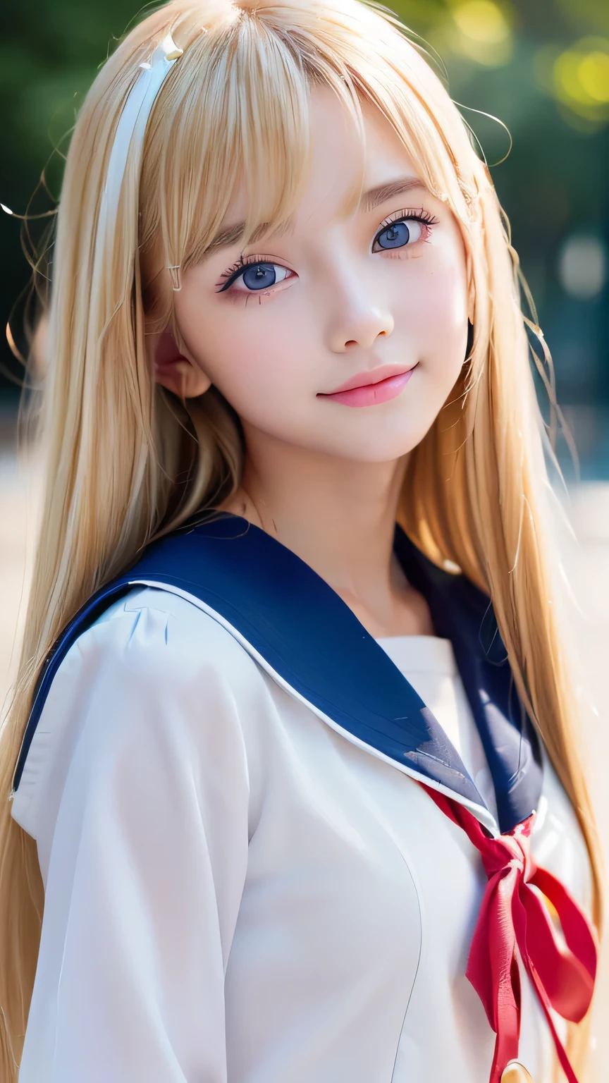 RAW Photos、((((Extremely beautiful portrait)))、(((Bright and fair skin))、1 girl、、Sailor suit、A beautiful 15-year-old girl with bright white-blonde hair、((Gorgeous, natural, bright white-blonde hair))、Super long straight hair、Beautiful Bangs、[Attractive large bright blue eyes]、Smooth, thin and super long hair、Eyeliner、Hair between the eyes、smile、((masterpiece、最high quality、Ultra Detail、Film Light、Intricate details、High resolution、8k、Very detailed))、Detailed Background、8k UHD、Digital SLR、Soft Light、high quality、Film Grain、Fujifilm XT3、Shallow depth of field、Natural light、(Perfect hands)、Perfect beautiful face、Small Face Beauty、round face、Cheek gloss highlighter