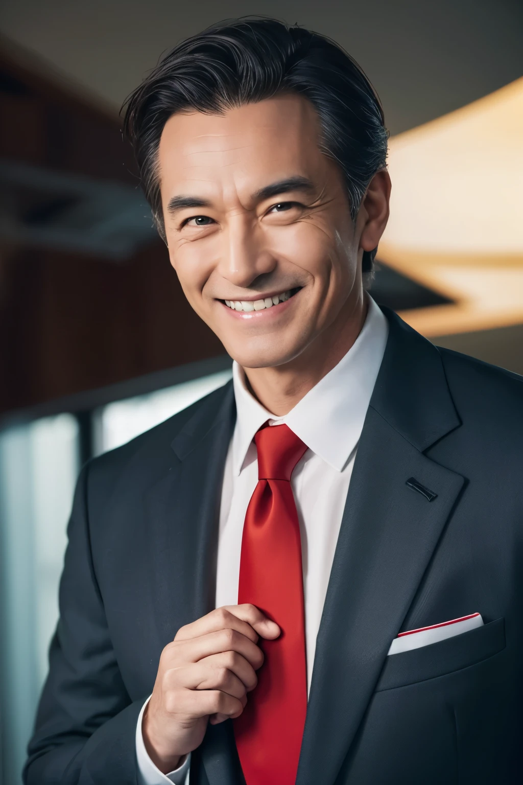 Wearing a suit with a red tie A middle-aged villain with a grin facing forward