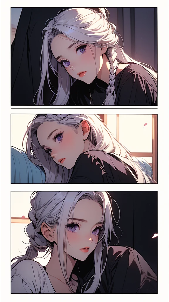 (masterpiece, highest quality), detailed, comics, boy,heart、like、 Meeting between a man and a woman, Manga Page, Doujinshi, Download contents, anime, Branch Panel, (From right to left, Top to bottom), ((The girl has milky white hair on top of her head, gradating to purple at the ends, and has long, straight hair braided in two ponytails.))、The girl's characteristic is yinji,1girl,solo, purple eyes, long hair, twin braids, purple hair, multicolored hair, elbow gloves, bangs, very long hair,bare shoulders, black skirt, grey hair, dress, smile, side cutout,covered navel, side cutout,