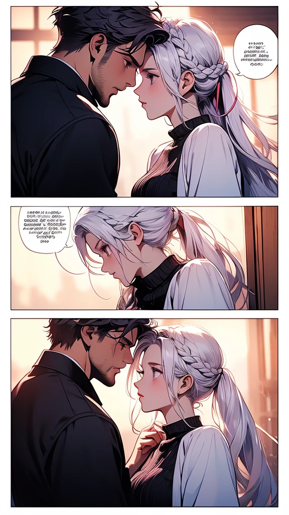 (masterpiece, highest quality), detailed, comics, boy,heart、like、 Meeting between a man and a woman, Manga Page, Doujinshi, Download contents, anime, Branch Panel, (From right to left, Top to bottom), ((The girl has milky white hair on top of her head, gradating to purple at the ends, and has long, straight hair braided in two ponytails.))、The girl's characteristic is yinji,1girl,solo, purple eyes, long hair, twin braids, purple hair, multicolored hair, elbow gloves, bangs, very long hair,bare shoulders, black skirt, grey hair, dress, smile, side cutout,covered navel, side cutout,