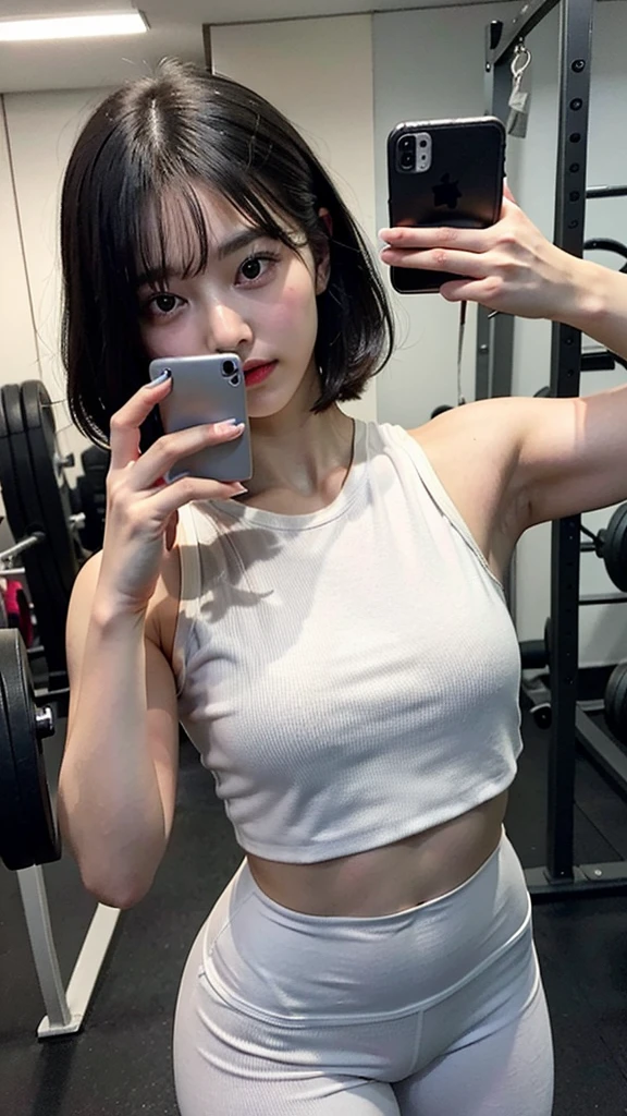 A 20s woman with short black bob hair is taking a selfie at the gym. She is holding a smartphone and taking the selfie from an overhead angle. She is wearing white gym wear with gray leggings. In the background, there is a power rack. The gym lighting is dim.