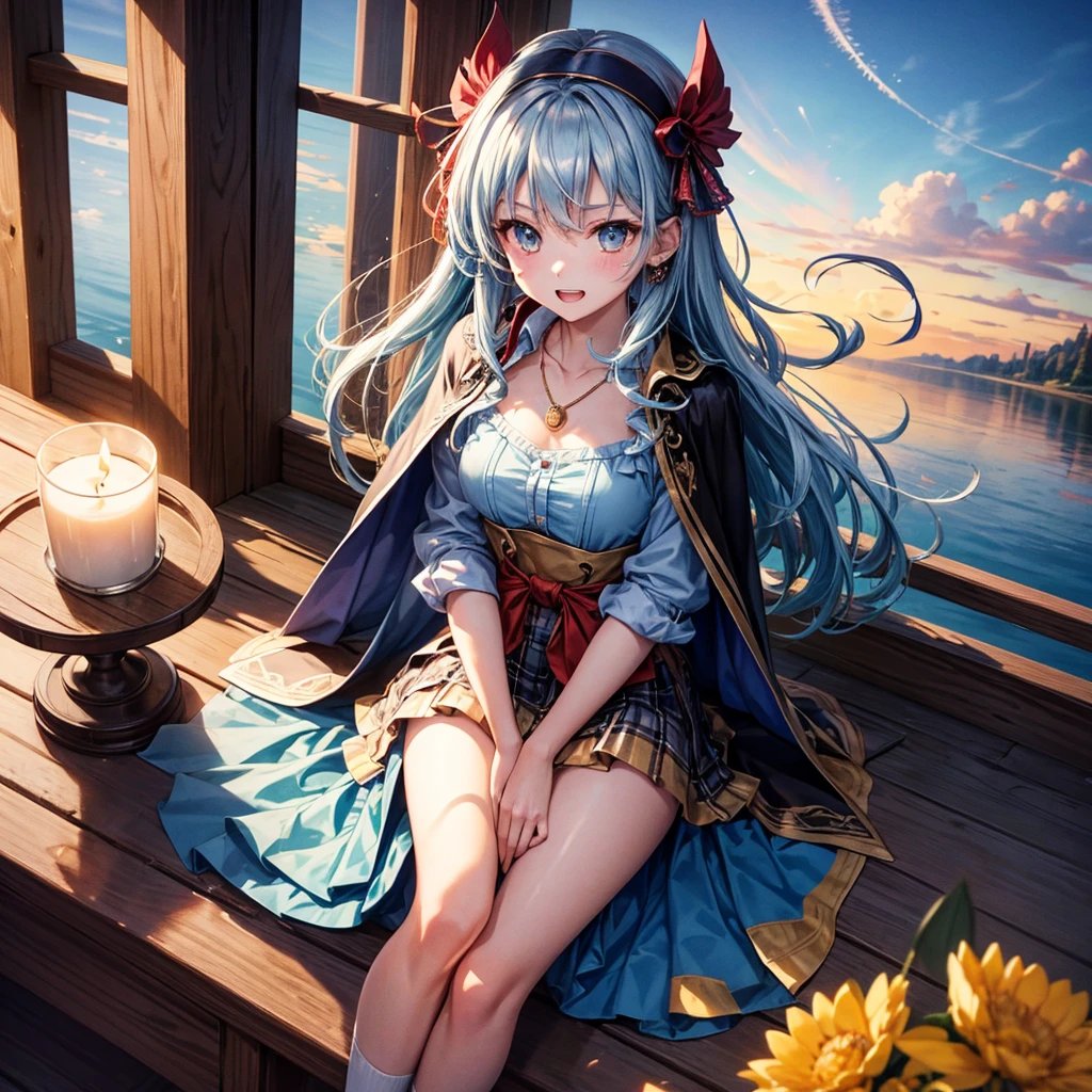 Aqua blue hair、Golden Eyes、Braid、One good looking girl、solo、anime、Checkered mini skirt、Ruffles on the skirt、Red T-shirt、Cape、Gothic、Black knee-high socks、bandana、Wearing a ribbon、Ribbon on waist、Tilting face、Teeth are visible、Sunset sky、Piercing the clouds、Contrail、lotus leaves、Cumulonimbus、Pillar of Light、Sitting on a golden treasure chest、candle fire、Silver coin necklace、A world of light、sitting on the fence、From above