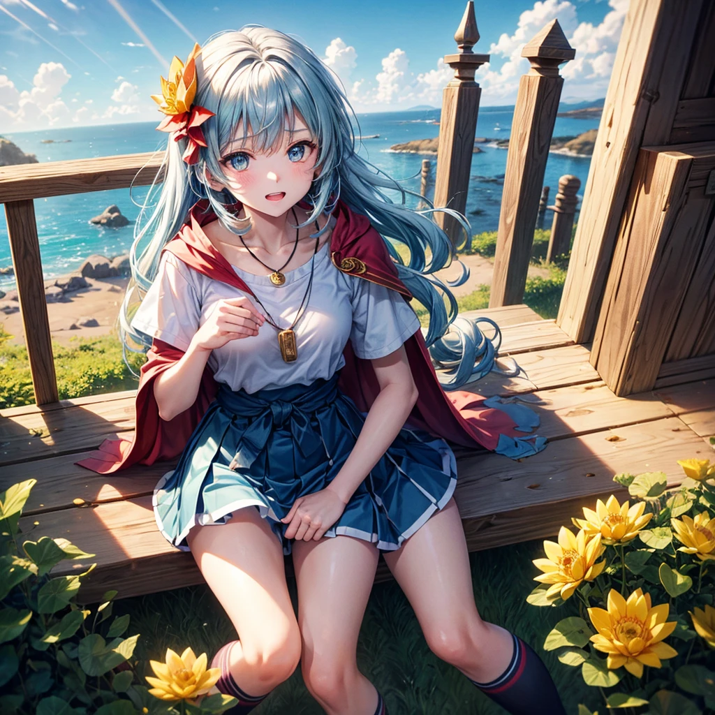 Aqua blue hair、Golden Eyes、Braid、One good looking girl、solo、anime、Checkered mini skirt、Ruffles on the skirt、Red T-shirt、Cape、Gothic、Black knee-high socks、bandana、Wearing a ribbon、Ribbon on waist、Tilting face、Teeth are visible、Sunset sky、Piercing the clouds、Contrail、lotus leaves、Cumulonimbus、Pillar of Light、Sitting on a golden treasure chest、candle fire、Silver coin necklace、A world of light、sitting on the fence、From above