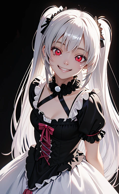 (Photorealistic:1.4)、asuna,(masterpiece、lens flare:1.5、spot light:1.2、Exquisite beautiful eyeonochrome:1.5,portlate、)(looking up at viewer),()
、Cute Face、 3D Face、(pearl white hair:1.5、Straight Hair)、(twintails),(1 Girl)、(Red eyes:1.2)、(cowboy shot)、(crazy smile:1.6),()、 (Cute face:1.2),(small breasts),(),kind face,(white lace frilled gothic lolita),(black background:1.5)、(glowing eyes:1.3)、()、 Neat and clean、Adorable、Slim Body(Tareme:1.5),Shiny Hair、(Glowing pink Skin)、Nijisketch,Manga,zydG