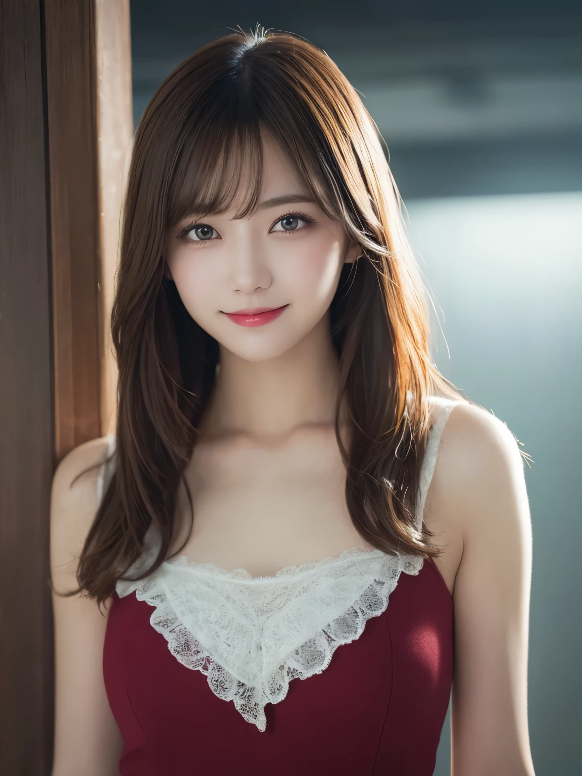 masutepiece, Best Quality, Illustration, Ultra-detailed, finely detail, hight resolution, 8K Wallpaper, Perfect dynamic composition, Beautiful detailed eyes, doress,Medium Hair, Big are visible, Natural Color Lip, Random and sexy poses,Smile,20 years girl