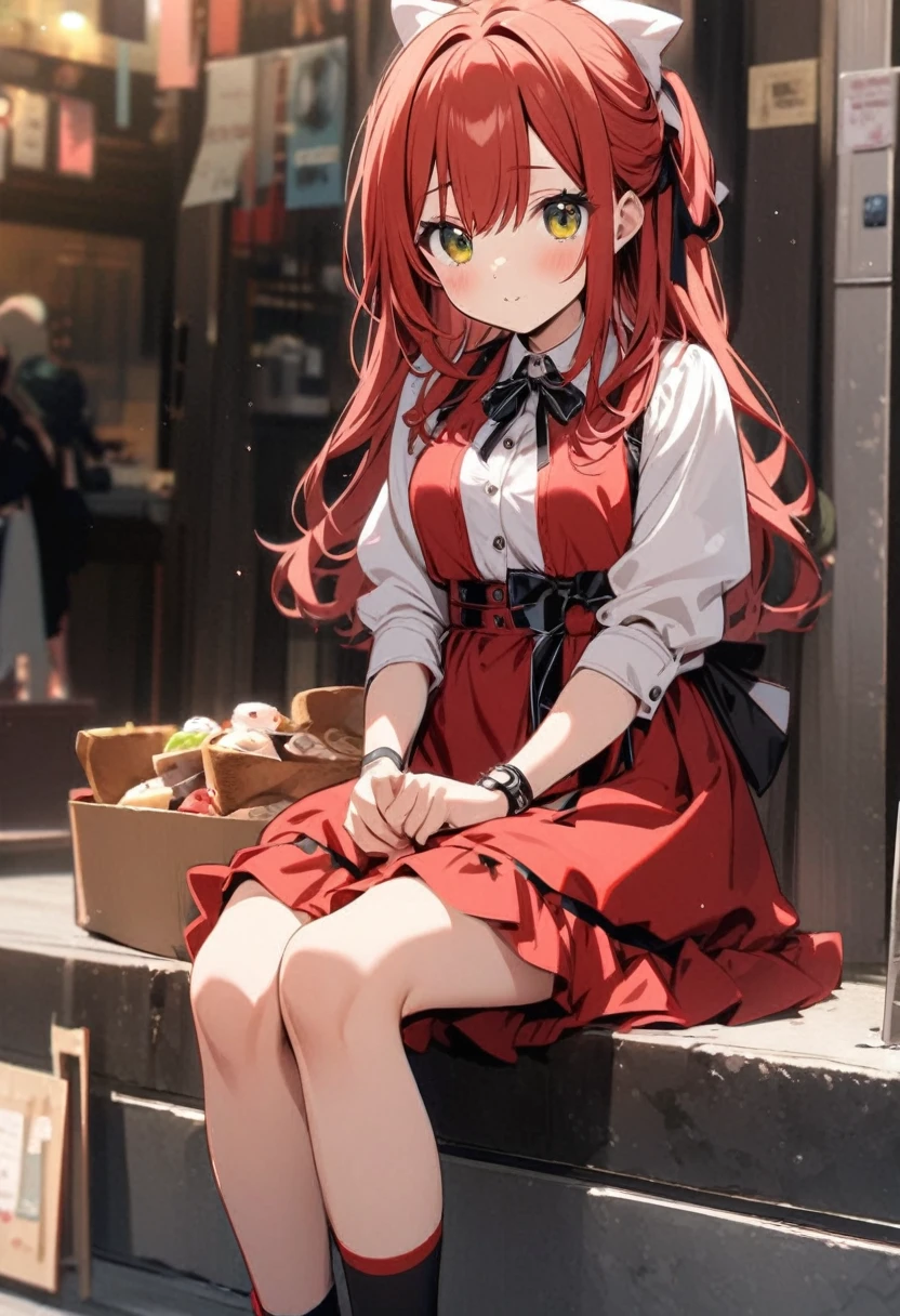 cute, sitting, red long hair, outfit random, cute look
