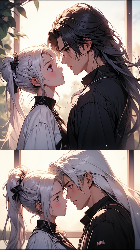 (masterpiece, highest quality), detailed, comics, boy,heart、like、 Meeting between a man and a woman, Manga Page, Doujinshi, Download contents, anime, Branch Panel, (From right to left, Top to bottom), ((The girl has milky white hair on top of her head, gradating to purple at the ends, and has long, straight hair braided in two ponytails.))、The girl's characteristic is yinji,1girl,solo, purple eyes, long hair, twin braids, purple hair, multicolored hair, elbow gloves, bangs, very long hair,bare shoulders, black skirt, grey hair, dress, smile, side cutout,covered navel, side cutout,