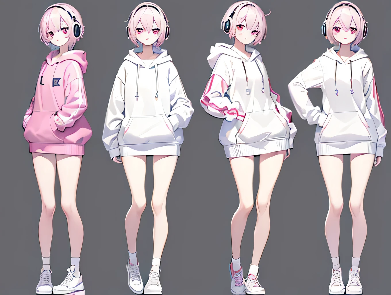 (masterpiece, highest quality:1.6), alone, Thick outline, (Simple Background, Plain white background, Monochrome), 2 heads,Mini Characters, 8k, whole body, (Pixie Cut, Plain oversized hoodie, Wearing a hood,Headphones), Thighs, High resolution, Sharp focus, High resolution, Most detailed, Very detailed, Very detailed, finely, Detailed eyes and face, Sharp pupils,Glowing delicate eyes, Contrast between pink and white, alone, Put your hands in your pockets