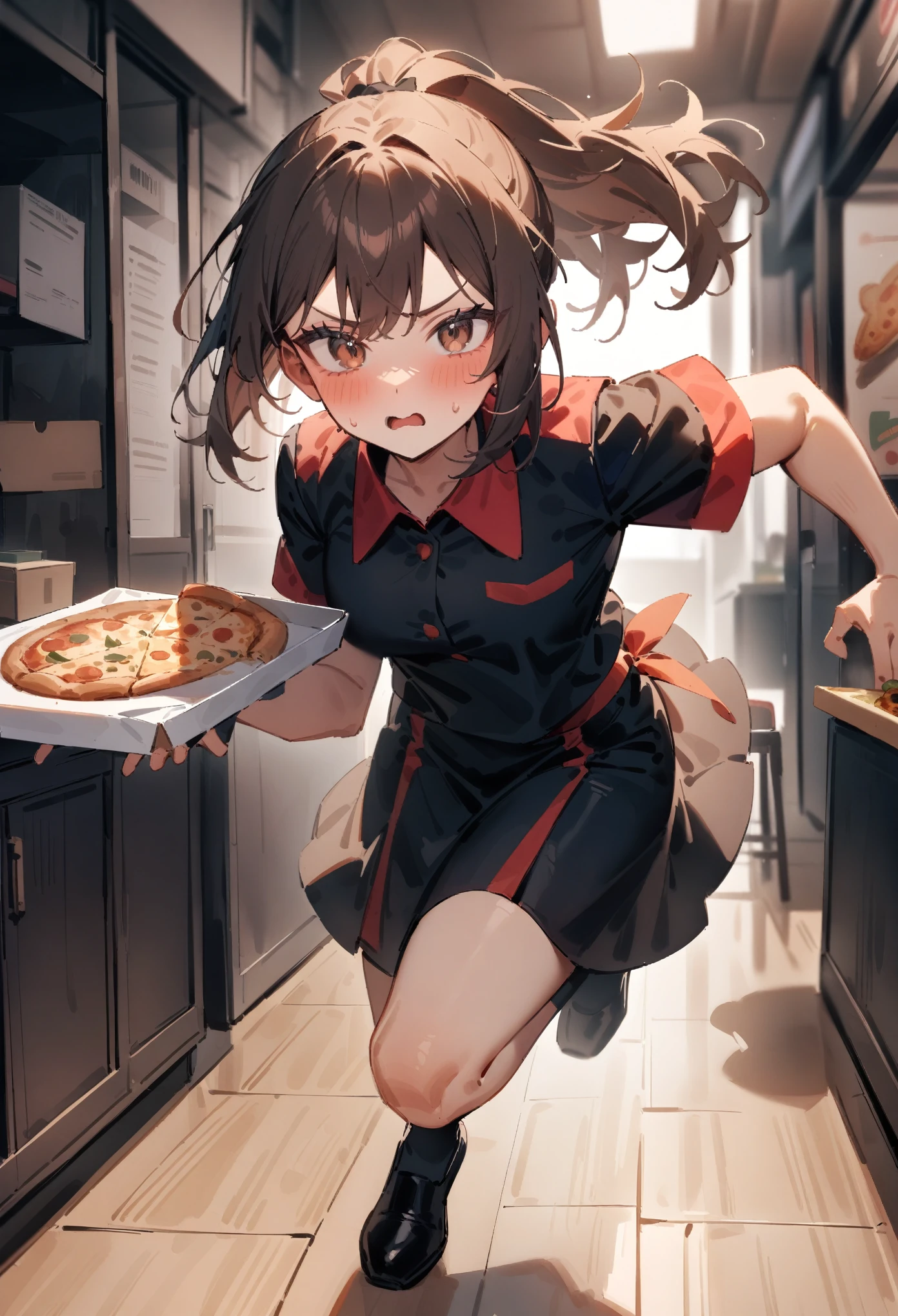 masterpiece, best quality, very aesthetic, absurdres, newest, 1girl, solo, young adult, brown hair, ponytail, medium length hair, brown eyes, looking at viewer, rushed expression, pizza shop uniform, indoor, running, full body, holding pizza box, pizza delivery