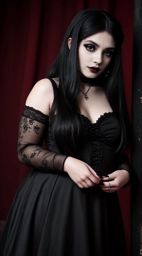 top quality, best quality, High-quality illustrations, masterpiece, super high resolution, detailed background, female, 27 years old woman, postrait, face closeup, fat cheecks, beautiful fat female, plus size model, intriguing smile, goth makeup, goth clothes, long black dress, black lips, long black hair, effortless allure, record studio background, black lipstick, black nails, gothic, rock, gothic girl, gothic fat girl closeup, portrait, face