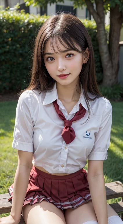1girl, extremely cute face, (highly detailed eyes, highly detailed face), (hyper-realistic, hight resolution), (best Quality:1.4), Raw photo, (Realistic, Photorealsitic:1.37), Professional Photography, Cinematic Light, (lace bra:1.25), (amazing breasts:0.8), (red , pleated mini skirt:1.5), (school uniform with open breasts), Smile slightly, Sitting, spread your legs wide open, Staring at me, outdoor, meadow, lawn, bench, dazzling lighting,