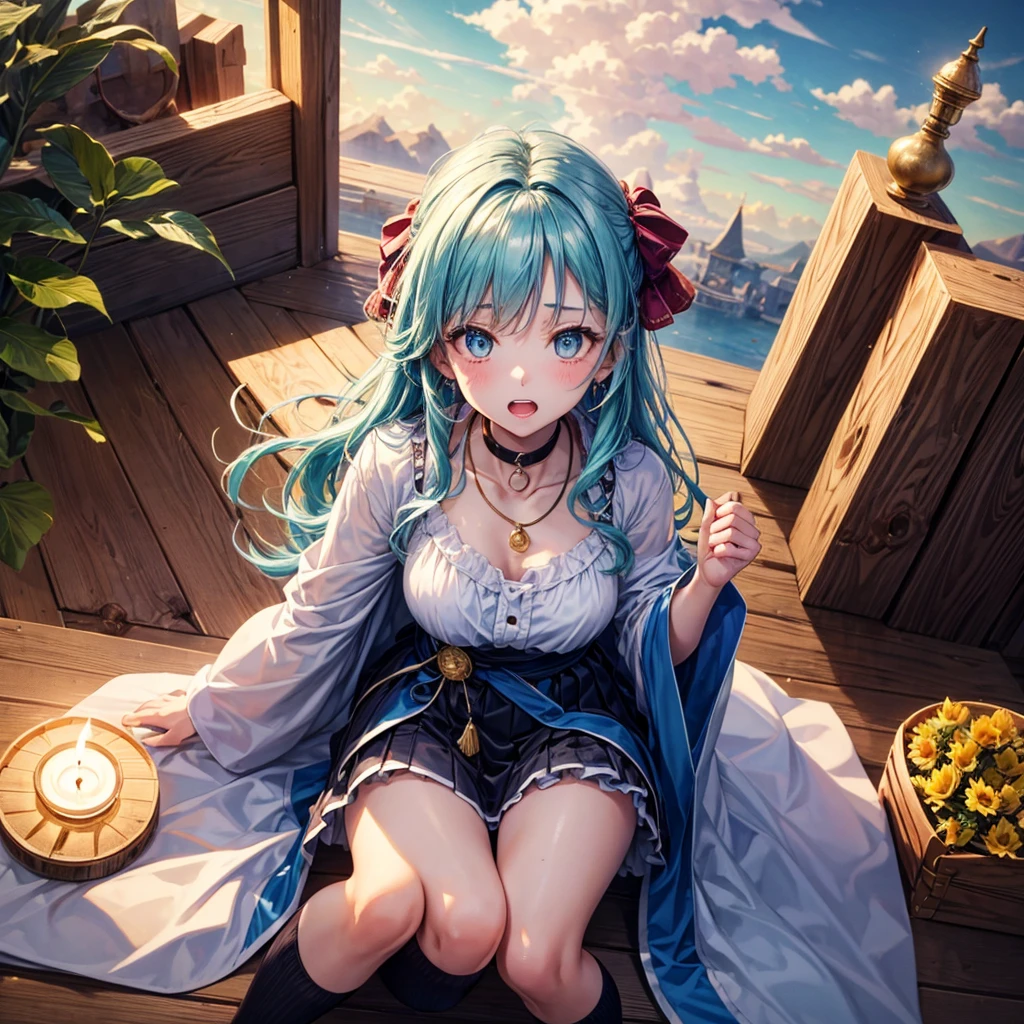Aqua blue hair、Golden Eyes、Braid、One good looking girl、solo、anime、Checkered mini skirt、Ruffles on the skirt、Red T-shirt、Cape、Gothic、Black knee-high socks、bandana、Wearing a ribbon、Ribbon on waist、Tilting face、Teeth are visible、Sunset sky、Piercing the clouds、Contrail、lotus leaves、Cumulonimbus、Pillar of Light、Sitting on a golden treasure chest、candle fire、Silver coin necklace、A world of light、sitting on the fence、From above