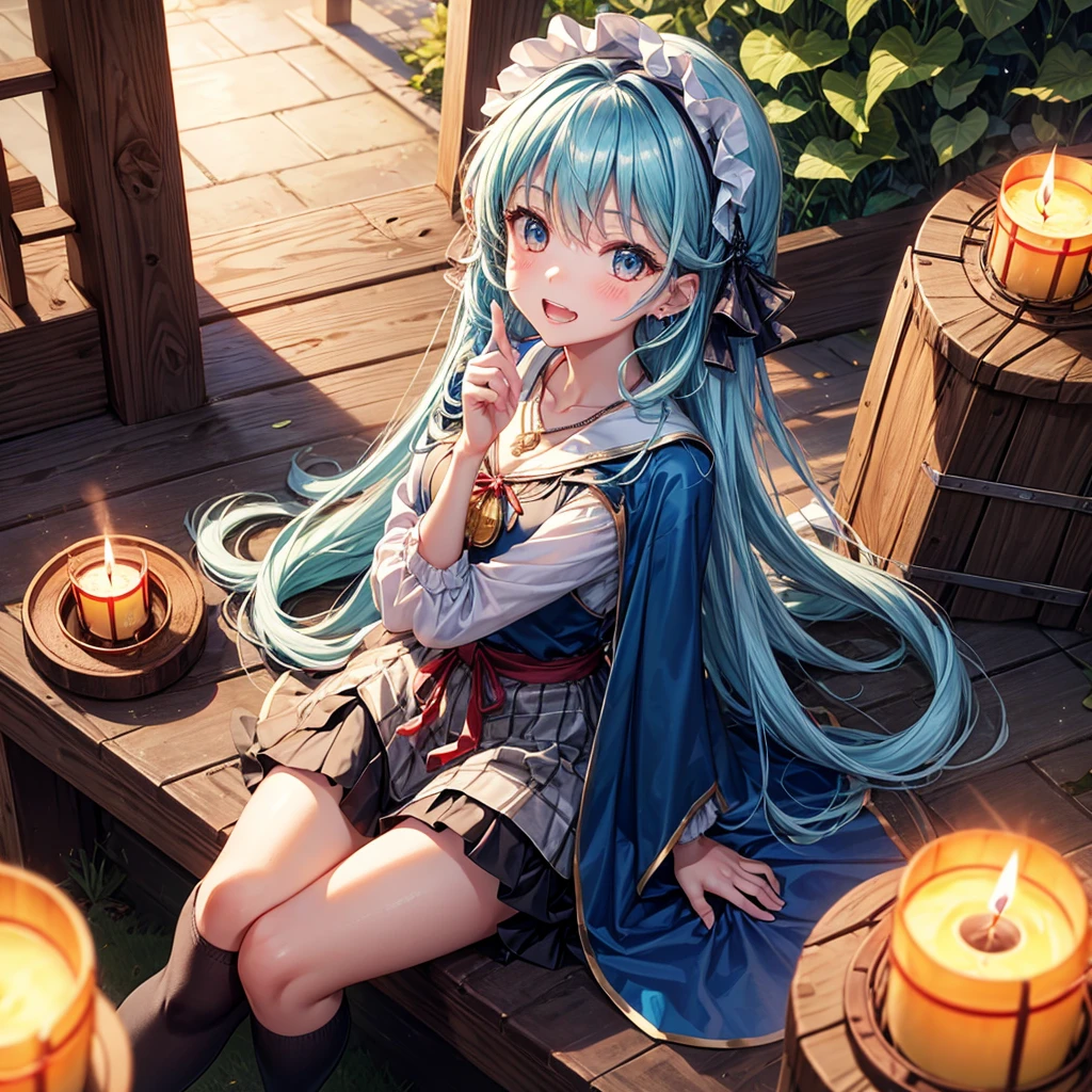 Aqua blue hair、Golden Eyes、Braid、One good looking girl、solo、anime、Checkered mini skirt、Ruffles on the skirt、Red T-shirt、Cape、Gothic、Black knee-high socks、bandana、Wearing a ribbon、Ribbon on waist、Tilting face、Teeth are visible、Sunset sky、Piercing the clouds、Contrail、lotus leaves、Cumulonimbus、Pillar of Light、Sitting on a golden treasure chest、candle fire、Silver coin necklace、A world of light、sitting on the fence、From above