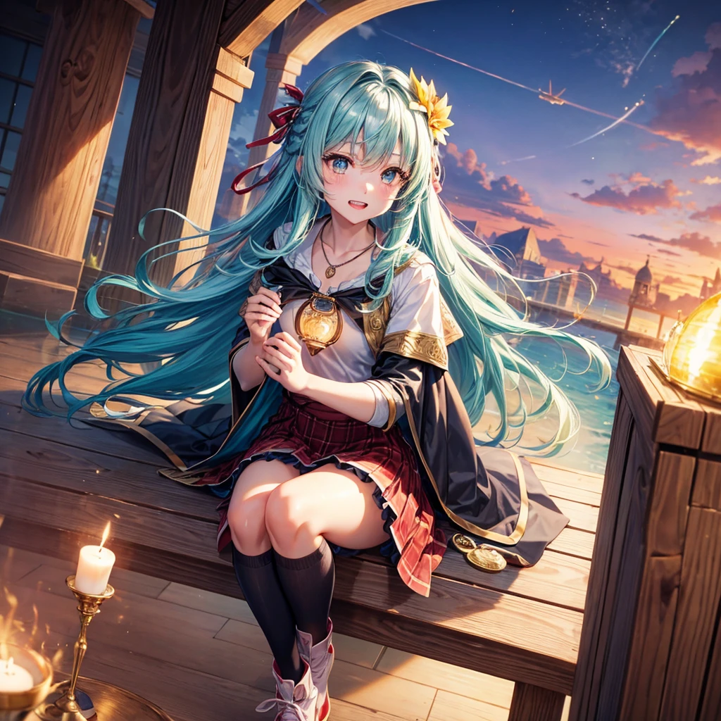 Aqua blue hair、Golden Eyes、Braid、One good looking girl、solo、anime、Checkered mini skirt、Ruffles on the skirt、Red T-shirt、Cape、Gothic、Black knee-high socks、bandana、Wearing a ribbon、Ribbon on waist、Tilting face、Teeth are visible、Sunset sky、Piercing the clouds、Contrail、lotus leaves、Cumulonimbus、Pillar of Light、Sitting on a golden treasure chest、candle fire、Silver coin necklace、A world of light、sitting on the fence、From above