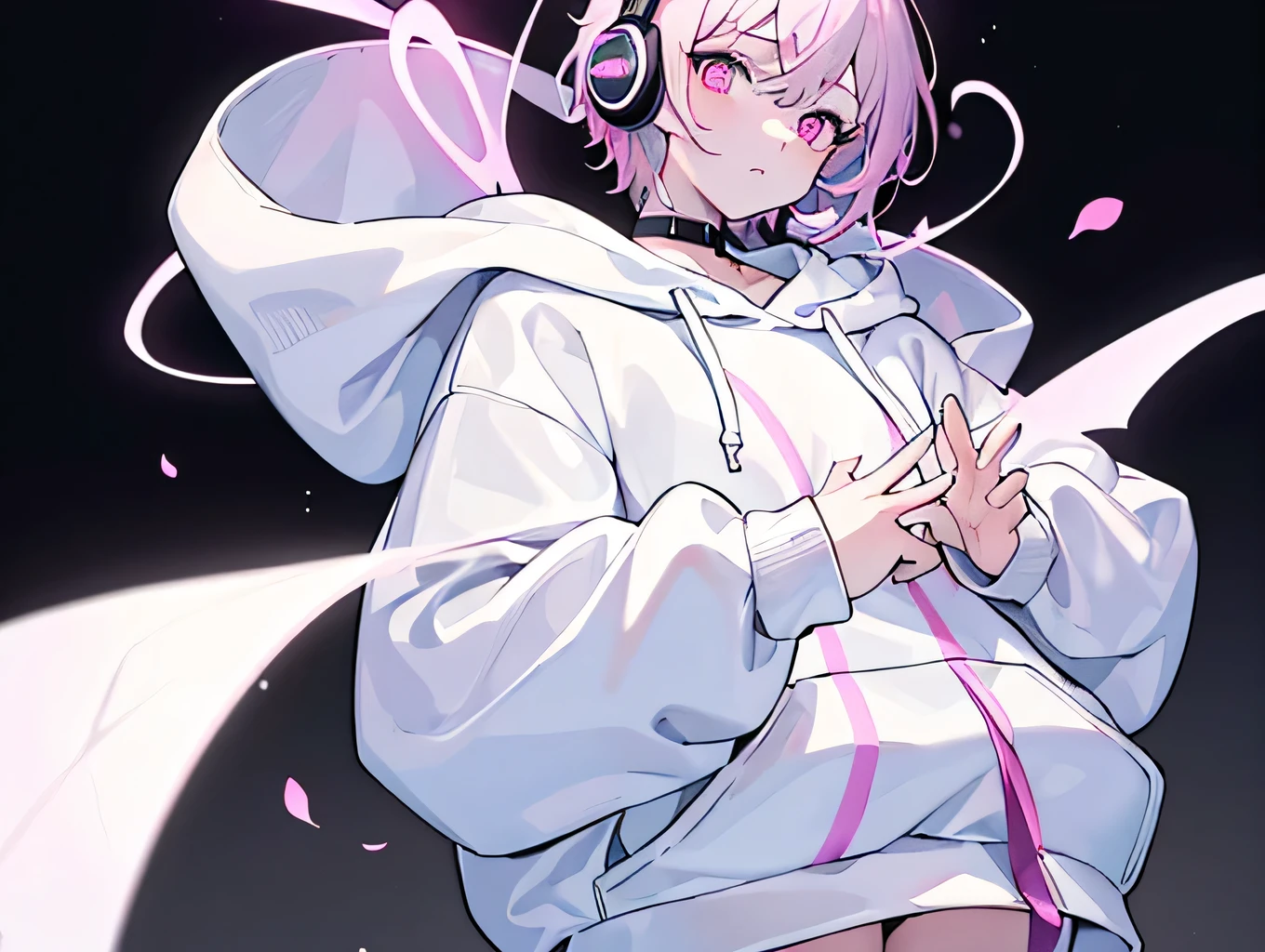 (masterpiece, highest quality:1.6), alone, Thick outline, (Simple Background, Plain white background, Monochrome), 2 heads,Mini Characters, 8k, whole body, (Pixie Cut, Plain oversized hoodie, Wearing a hood,Headphones), Thighs, High resolution, Sharp focus, High resolution, Most detailed, Very detailed, Very detailed, finely, Detailed eyes and face, Sharp pupils,Glowing delicate eyes, Contrast between pink and white, alone, Put your hands in your pockets
