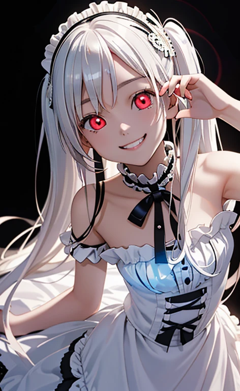 (Photorealistic:1.4)、asuna,(masterpiece、lens flare:1.5、spot light:1.2、Exquisite beautiful eyeonochrome:1.5,portlate、)(looking up at viewer),()
、Cute Face、 3D Face、(pearl white hair:1.5、Straight Hair)、(twintails),(1 Girl)、(Red eyes:1.2)、(cowboy shot)、(crazy smile:1.6),()、 (Cute face:1.2),(small breasts),(),kind face,(white lace frilled gothic lolita),(black background:1.5)、(glowing eyes:1.3)、()、 Neat and clean、Adorable、Slim Body(Tareme:1.5),Shiny Hair、(Glowing pink Skin)、Nijisketch,Manga,zydG