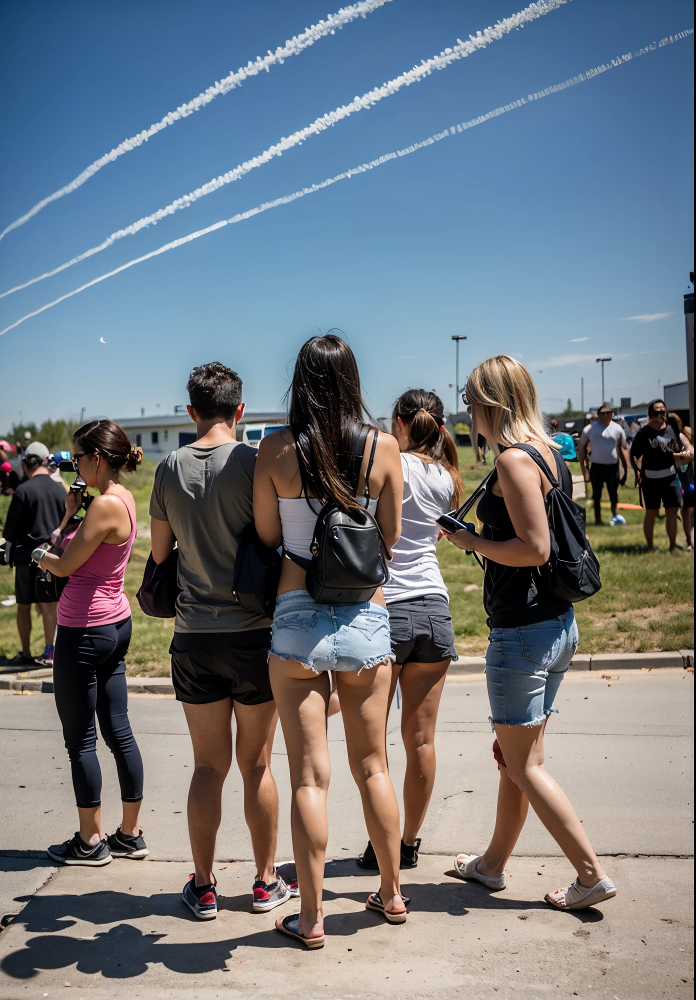 A crowd of people with their heads bent looking down. All people look at their cell phone with their heads bent down. Outdoor. Planes in the sky leave many chemtrails.
