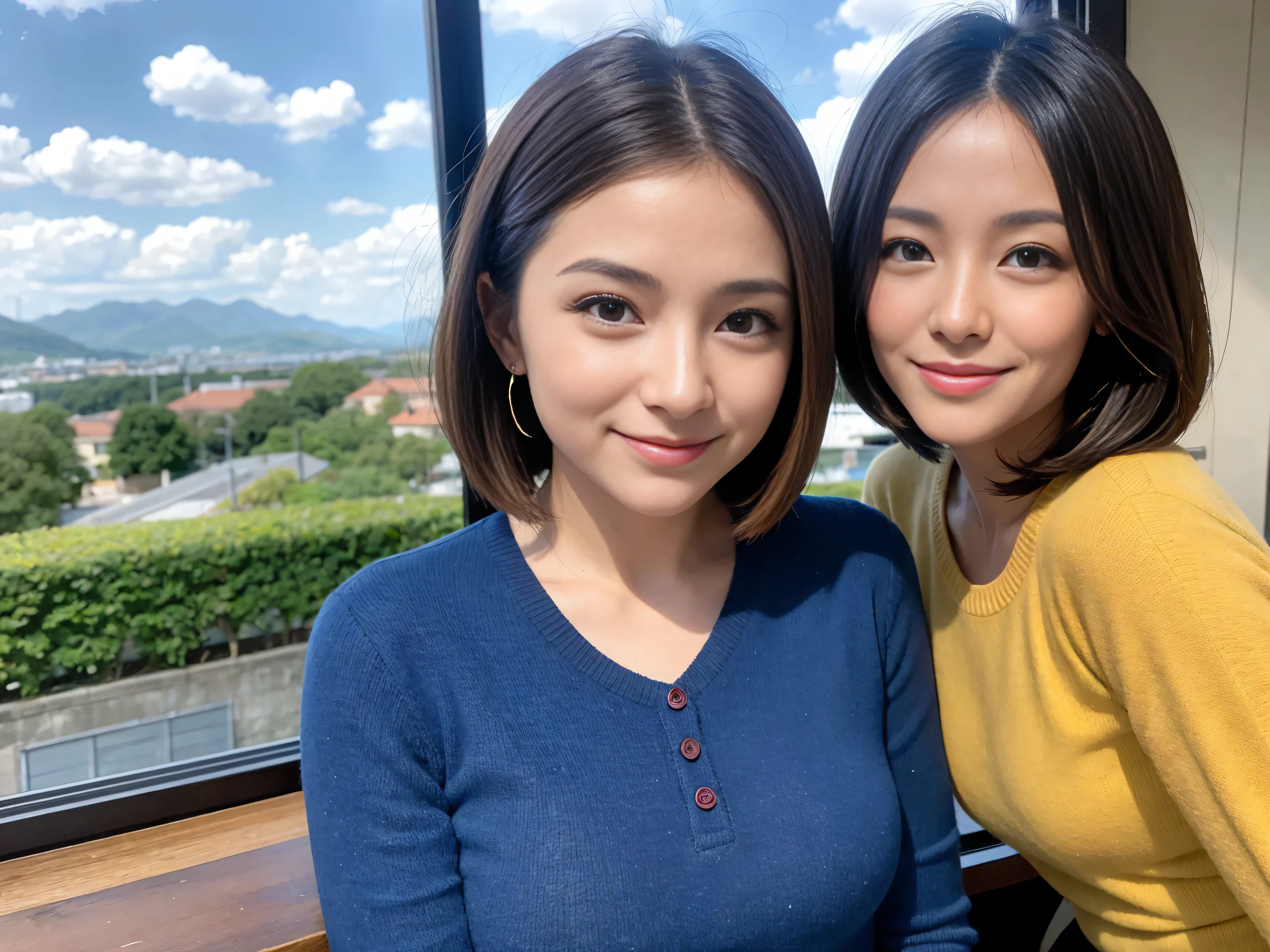 ((highest quality、8k、masterpiece:1.3))、1 male、1 female、Satomi Ishihara lookalike couple、Spouse、Brown Hair Couple、The body is slim、((Bob Hale、Straight hair:1.2)), (Realistic, Intricate details:1.2), Wine glass on the table、Shine light on your face、 Amazing view of the sunset sky and clouds、Amazing mountain views、A bright smile、The wonderfulness of smile、Bright image、The beauty of wine, Beautiful Face, blue eyes, The light shines on your face, Blushing, short hair,Bright Face、 (Age 41), 39 years old, red wine 、Appetizers、Italian food、Wine bottle、Champagne、sparkling wine、Two beauties、Brown Hair、Shortcuts、Long sleeve shirt、dress、Pretty Woman 1, (Slim face), (The body is slim), (Brown Hair), (Shortcuts), cheeks turn a little red,Attractive beauty、restaurant, In a prominent place (From the waist up) Nova Frog Style, actress, model, Upper Body, White wine, slim, wine glass, A wine glass placed in the center, smile, (smile: 1.15), Beautiful fine grain, Depth f/2,saturation, High Contrast, Strong light and shadow,Moist Body:1.5、3D texture、Delicate eyes、Brown Hair、The hair is very shiny、