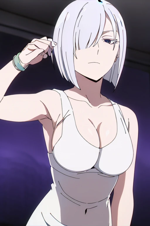 (Best Quality, masterpiece, High resolution, anime screen cap, anime colours), 1 Girl, Short Hair, White hair, Fiona Frost, Seductive Smile, Very Large breasts, cleavage, (Thin fabric, White tanktop:1.8, no-bra:1.5), Slimed, Leaning forward, Upper body, Bedrooms, (Perfect Anatomy, perfect detailed body, Eyes and hair in beautiful detail, Beautiful breasts and skin), armpits, armpits visible,