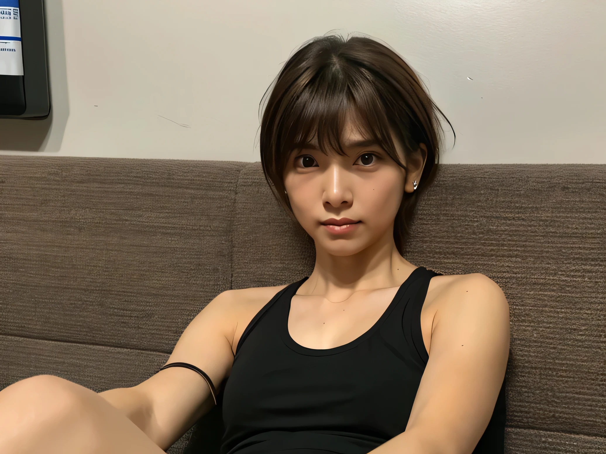 Look into the eyes,　Eye contact,　Front of face,　Front face,　face,　head,　Cross-legged,　indoor,　Brown Hair,　bangs,　(Tank top, Shorts, Spread your legs),　Sweat,　clavicle,　shoulder,　Cross-legged,　Light from below,　chest,　Earrings,　Skin Moisture,　The gaze looking down on me,　Look at me