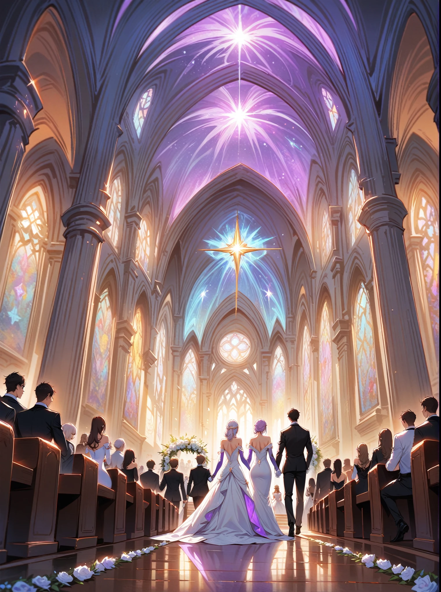 masterpiece,(bestquality),highlydetailed,ultra-detailed,wedding,church,(2newlyweds),(holdinghands),(divinelight:1.5),blessedmoment,(shininghalo:1.2),sacredatmosphere