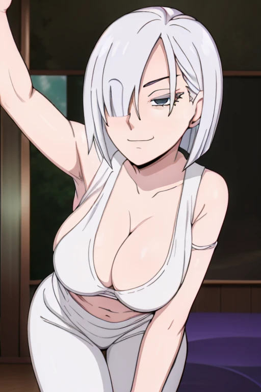 (Best Quality, masterpiece, High resolution, anime screen cap, anime colours), 1 Girl, Short Hair, White hair, Fiona Frost, Seductive Smile, Very Large breasts, cleavage, (Thin fabric, White tanktop:1.8, no-bra:1.5), Slimed, Leaning forward, Upper body, Bedrooms, (Perfect Anatomy, perfect detailed body, Eyes and hair in beautiful detail, Beautiful breasts and skin), armpits, armpits visible,