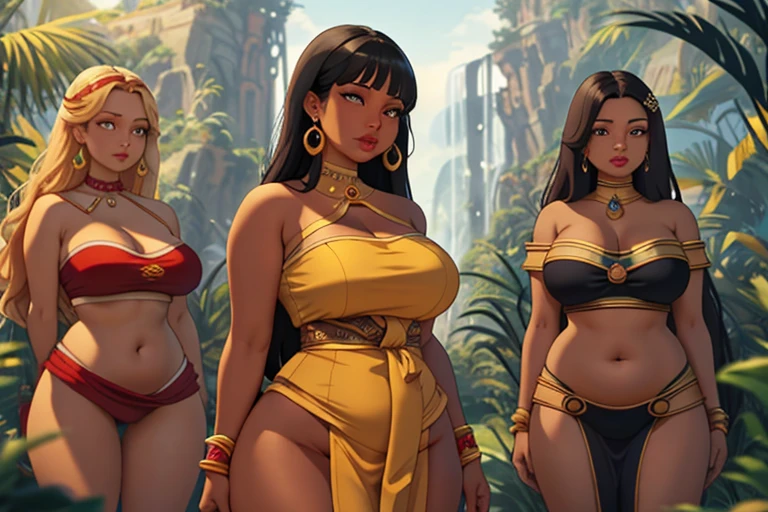 (Masterpiece), (best quality), (detailed), Curvy chel from el dorado talking to chief priest, (scene), (chel behind), zoomed out picture of chel talking to the chief priest, 2 different girls, girl with tied hair talking to chel, discussion, chief priestess with tied hair and big body