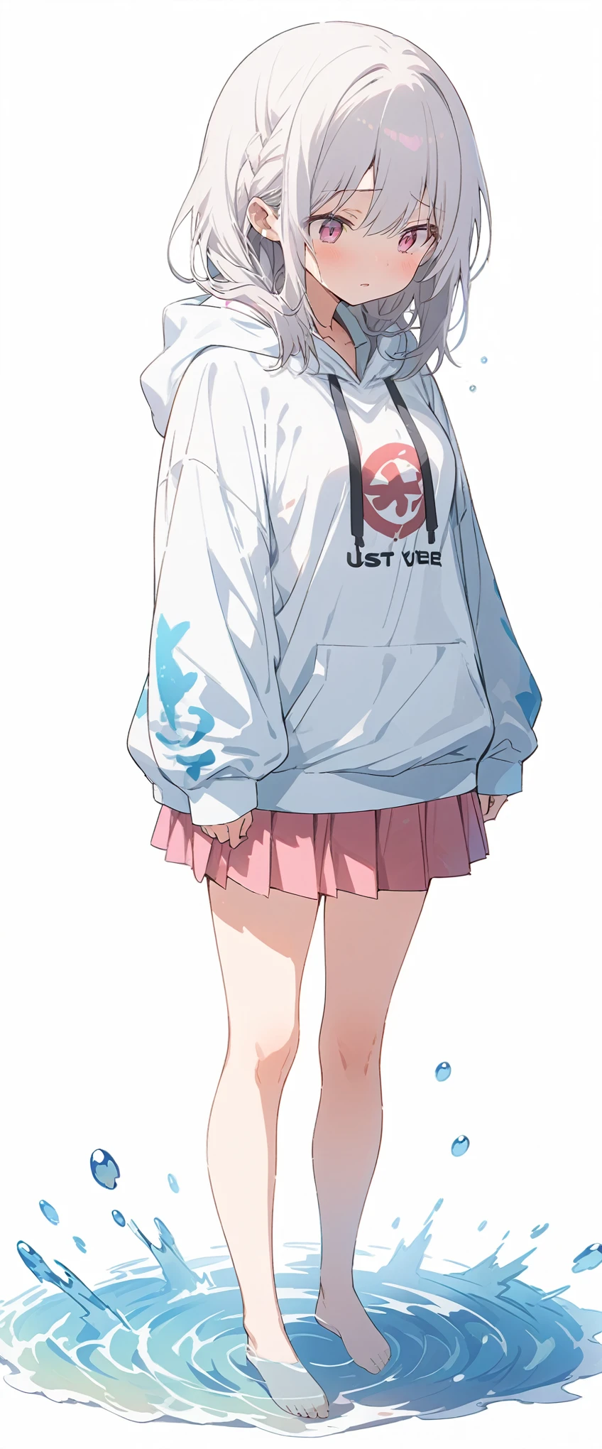 White background、white background、Blank background、Ultra-high resolution, highest quality,Solo,just standing girl, One young girl、Full body view from the front、fish-bone braid hair、Fishbone Hair、grayish white hair、beautiful detailed eyes、Grey hair x pink eyes、pink eyes、Drop your gaze、face down、Depressed expression、Ample breasts、Plain white hoodie、Pink pleated skirt、barefoot