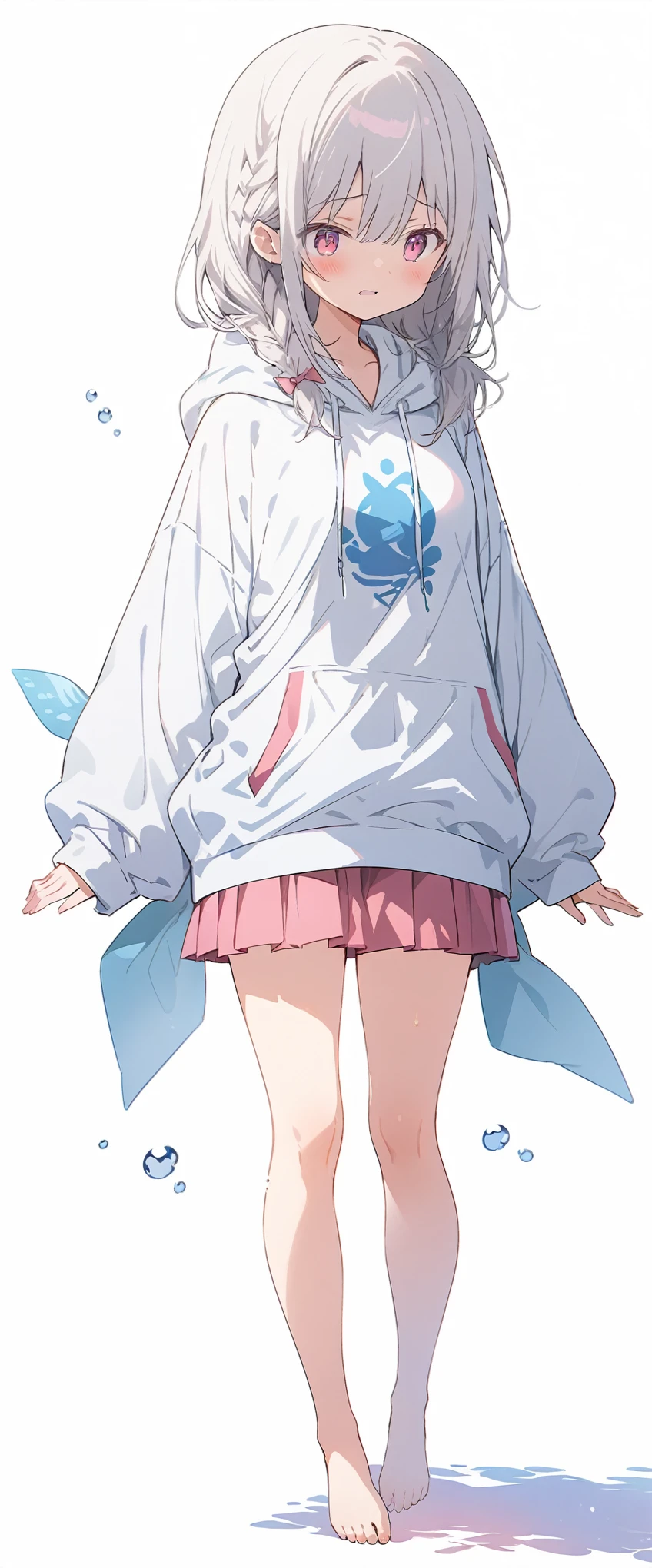 White background、white background、Blank background、Ultra-high resolution, highest quality,Solo,just standing girl, One young girl、Full body view from the front、fish-bone braid hair、Fishbone Hair、grayish white hair、beautiful detailed eyes、Grey hair x pink eyes、pink eyes、Drop your gaze、face down、Depressed expression、Ample breasts、Plain white hoodie、Pink pleated skirt、barefoot