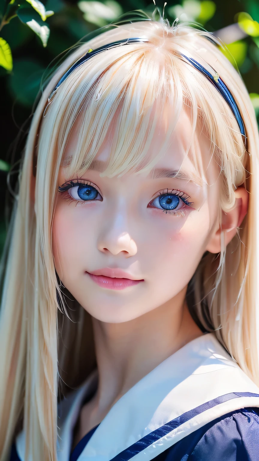 RAW Photos、((((Extremely beautiful portrait)))、(((Bright and fair skin))、1 girl、、Sailor suit、A 15-year-old pretty, bright, natural platinum blonde beauty.、((Gorgeous, natural, bright white platinum blonde))、Super long straight hair、Beautiful Bangs、[Attractive large bright blue eyes]、Smooth, thin and super long hair、Eyeliner、Hair between the eyes、smile、((masterpiece、最high quality、Ultra Detail、Film Light、Intricate details、High resolution、8k、Very detailed))、Detailed Background、8k UHD、Digital SLR、Soft Light、high quality、Film Grain、Fujifilm XT3、Shallow depth of field、Natural light、(Perfect hands)、Perfect beautiful face、Small Face Beauty、round face、Cheek gloss highlighter